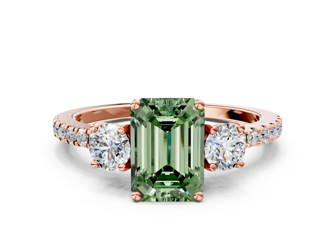 Rose gold Three-Stone Fancy Green Emerald Cut Cut Diamond Pavé Band with Prong Setting_15