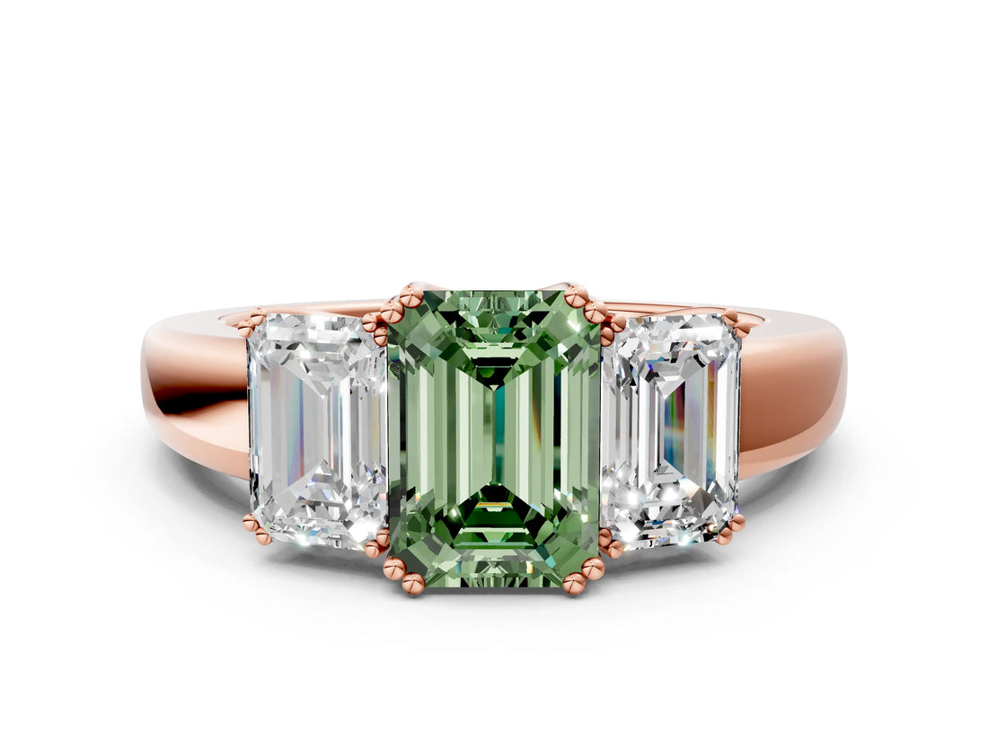 Rose gold Three-Stone Fancy Green Emerald Cut Cut Diamond Ring with Channel Set Band and Four-Prong Setting_24