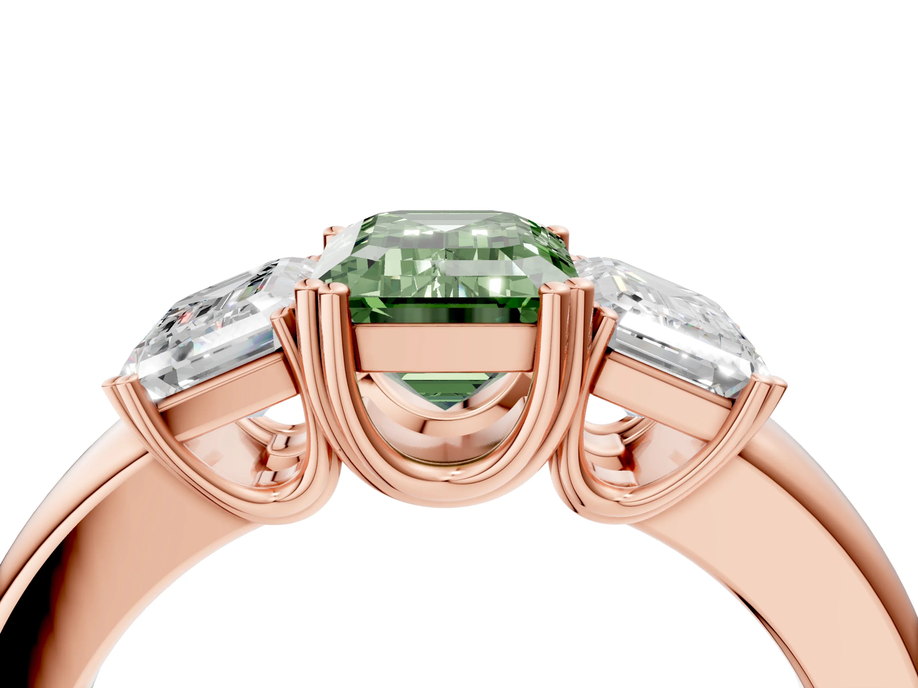 Rose gold Three-Stone Fancy Green Emerald Cut Cut Diamond Ring with Channel Set Band and Four-Prong Setting_4