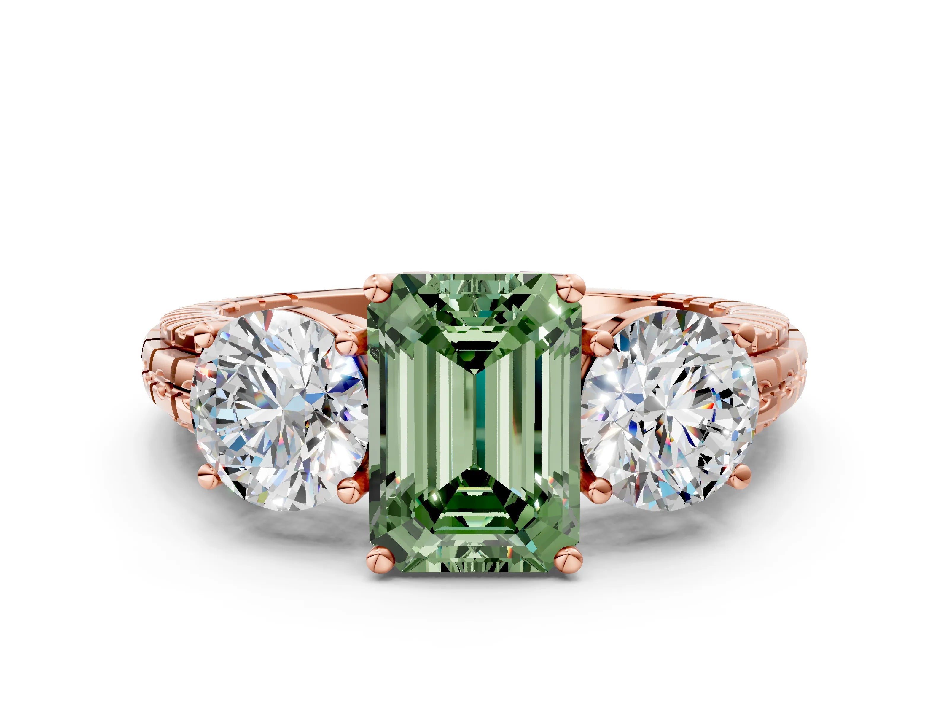 Rose gold Three-Stone Fancy Green Emerald Cut Cut Diamond Ring with Channel-Set Band and Prong Setting