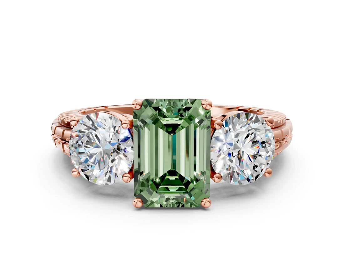 Rose gold Three-Stone Fancy Green Emerald Cut Cut Diamond Ring with Channel-Set Band and Prong Setting