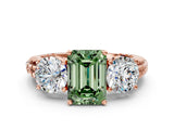 Rose gold Three-Stone Fancy Green Emerald Cut Cut Diamond Ring with Channel-Set Band and Prong Setting