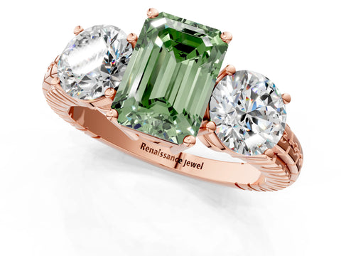 Rose gold Three-Stone Fancy Green Emerald Cut Cut Diamond Ring with Channel-Set Band and Prong Setting_1