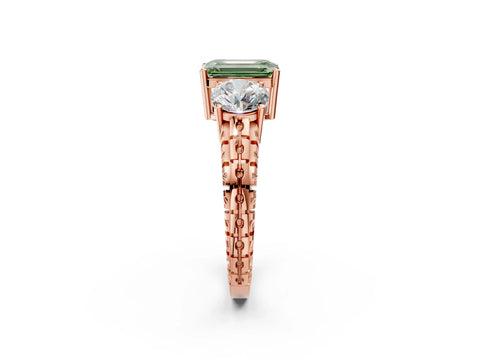 Rose gold Three-Stone Fancy Green Emerald Cut Cut Diamond Ring with Channel-Set Band and Prong Setting_2
