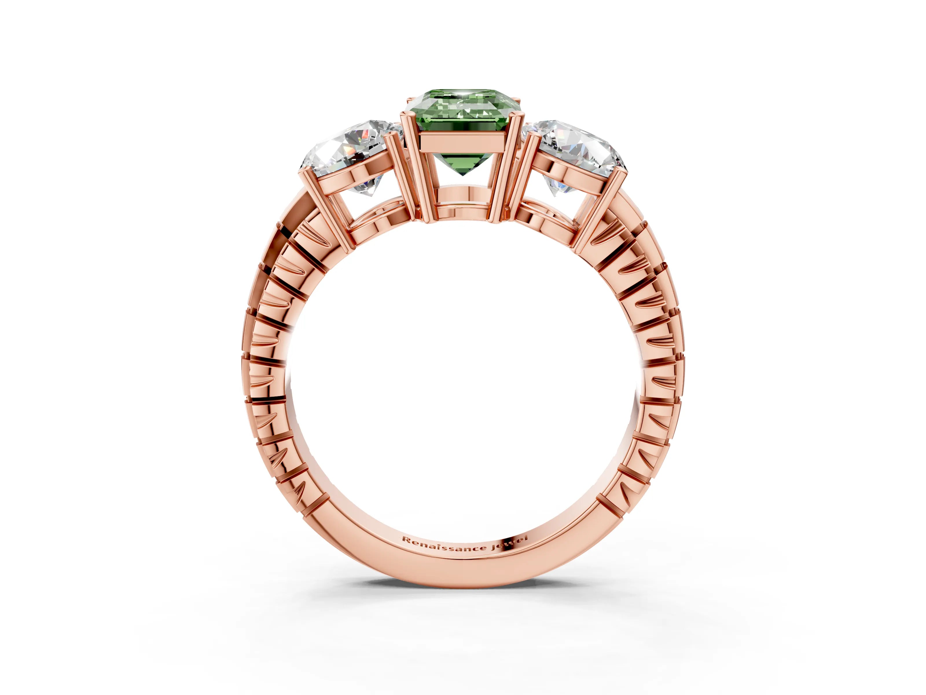 Rose gold Three-Stone Fancy Green Emerald Cut Cut Diamond Ring with Channel-Set Band and Prong Setting_3