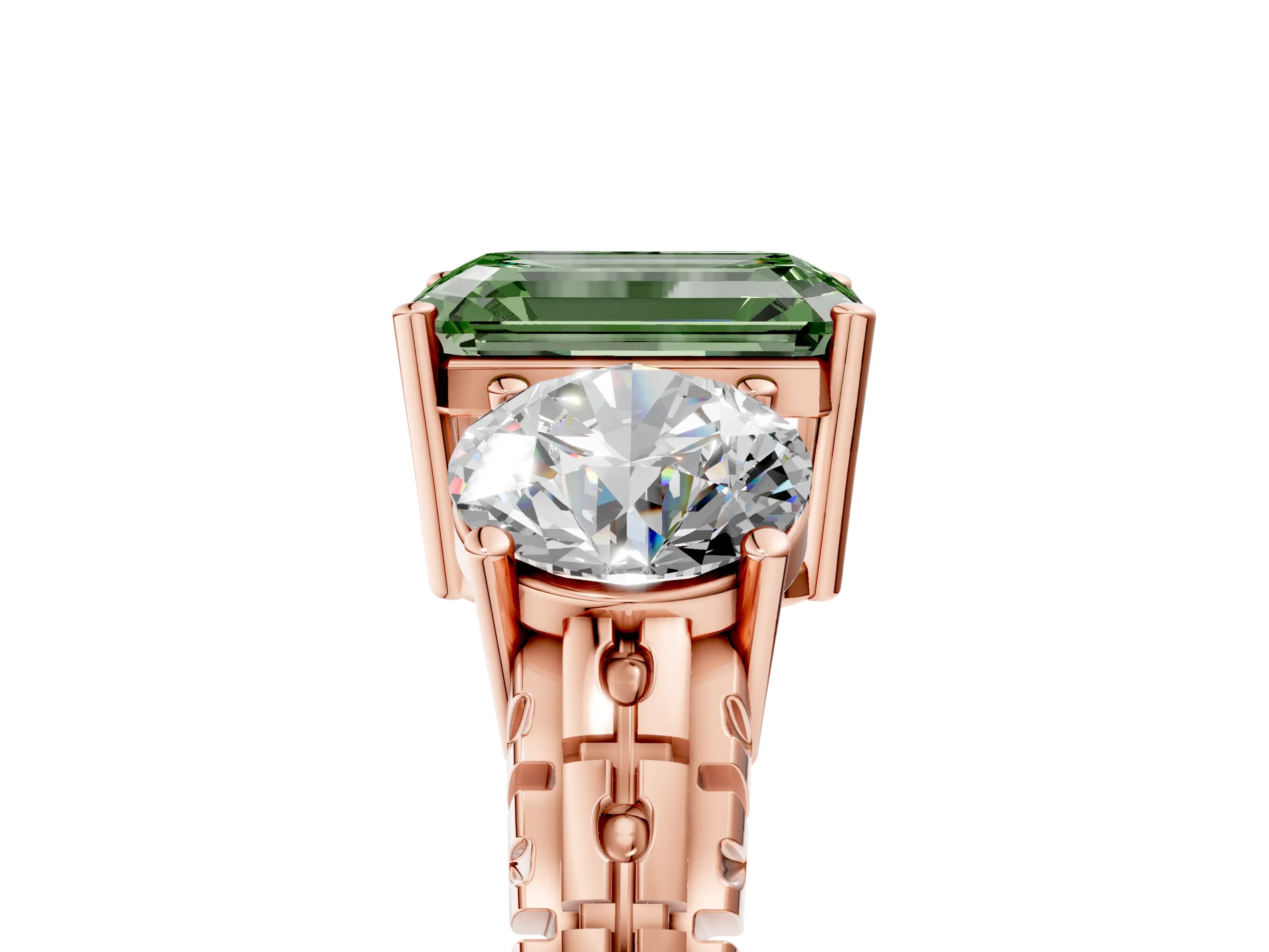 Rose gold Three-Stone Fancy Green Emerald Cut Cut Diamond Ring with Channel-Set Band and Prong Setting_5