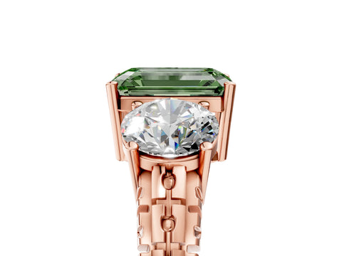 Rose gold Three-Stone Fancy Green Emerald Cut Cut Diamond Ring with Channel-Set Band and Prong Setting_5