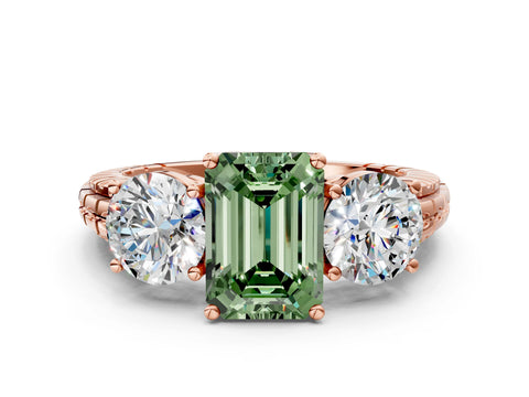 Rose gold Three-Stone Fancy Green Emerald Cut Cut Diamond Ring with Channel-Set Band and Prong Setting
