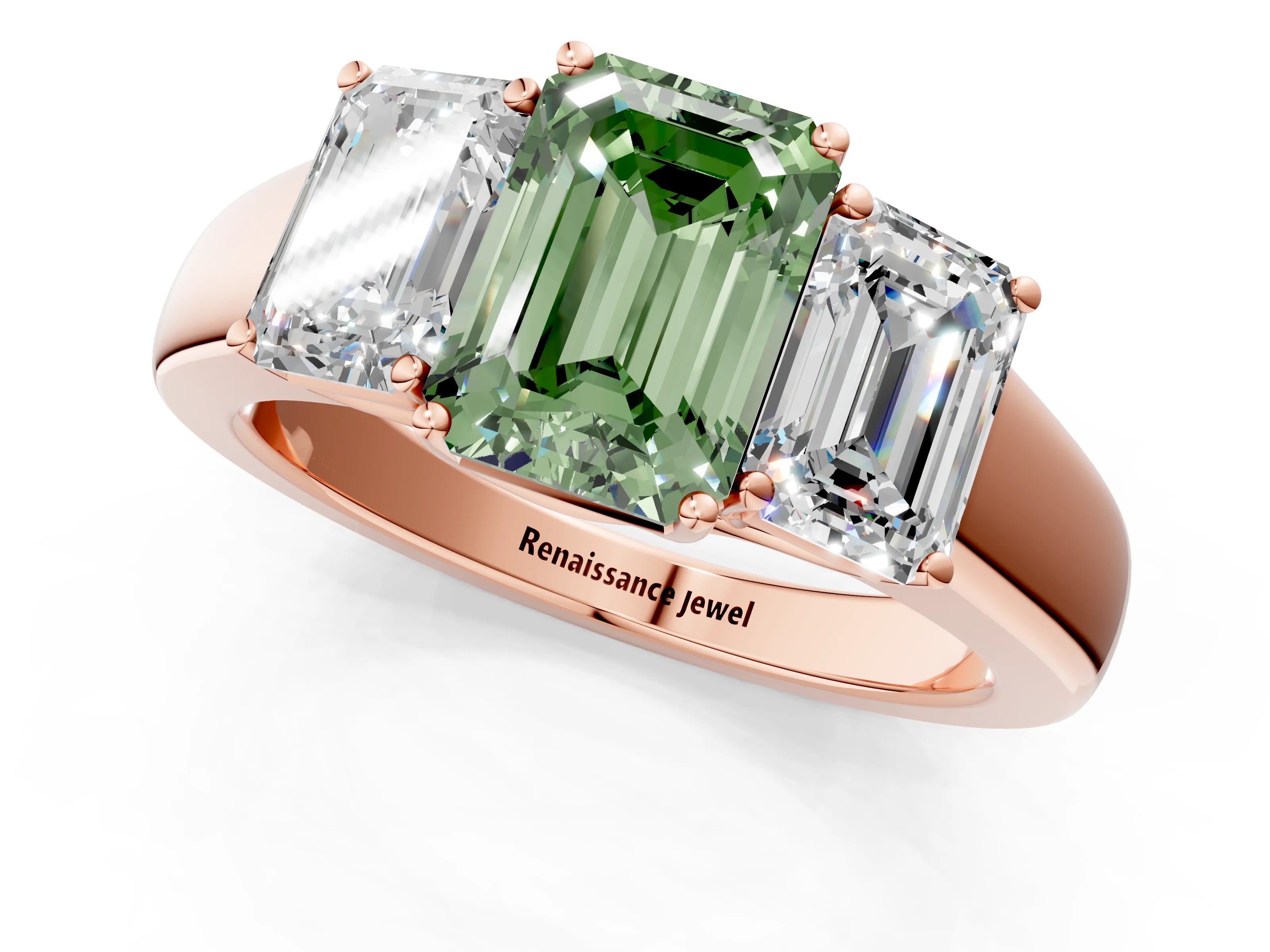 Rose gold Three-Stone Fancy Green Emerald Cut Cut Diamond Ring with Prong Setting and Classic Band_1