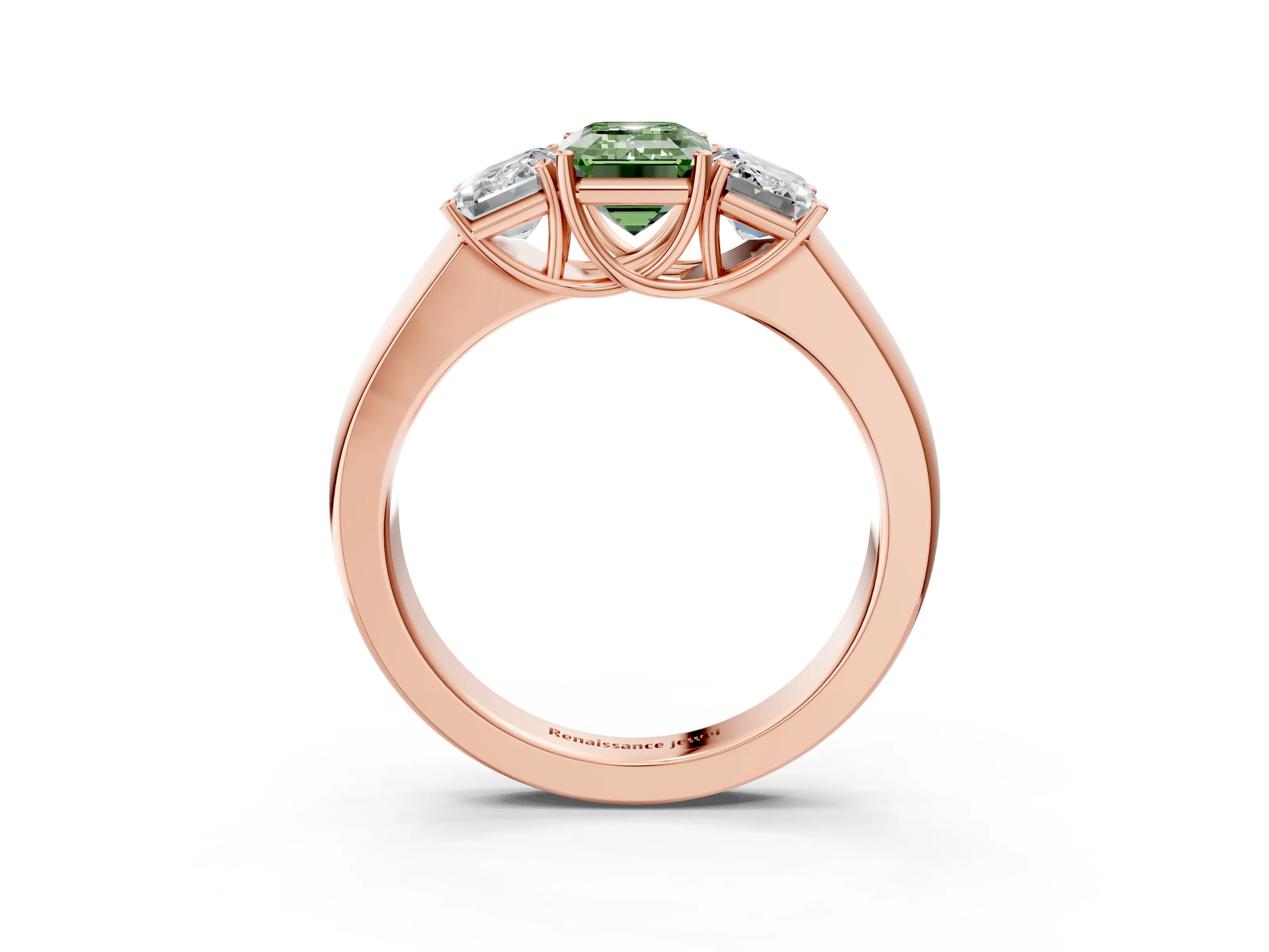 Rose gold Three-Stone Fancy Green Emerald Cut Cut Diamond Ring with Prong Setting and Classic Band_3