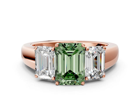 Rose gold Three-Stone Fancy Green Emerald Cut Cut Diamond Ring with Prong Setting and Classic Band