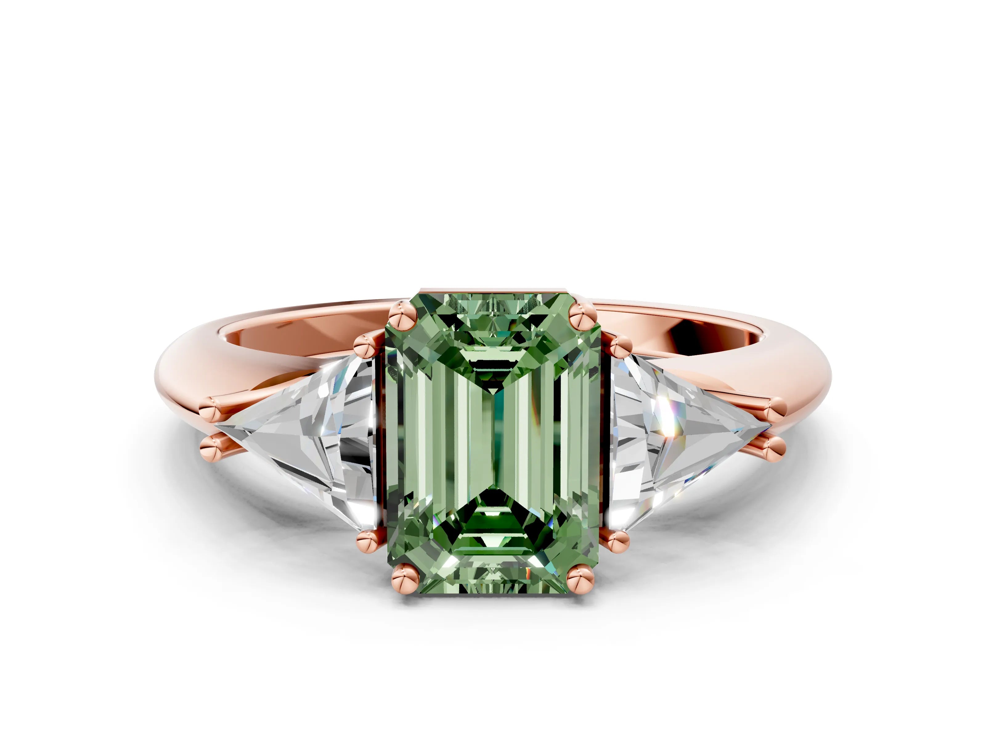Rose gold Three-Stone Fancy Green Emerald Cut Cut Diamond Ring with Trillion Side Stones and Four-Prong Setting_3