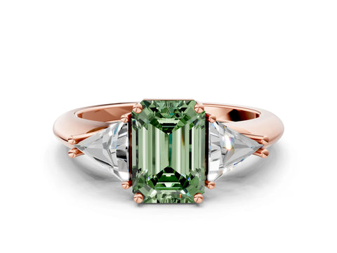 Rose gold Three-Stone Fancy Green Emerald Cut Cut Diamond Ring with Trillion Side Stones and Four-Prong Setting_3