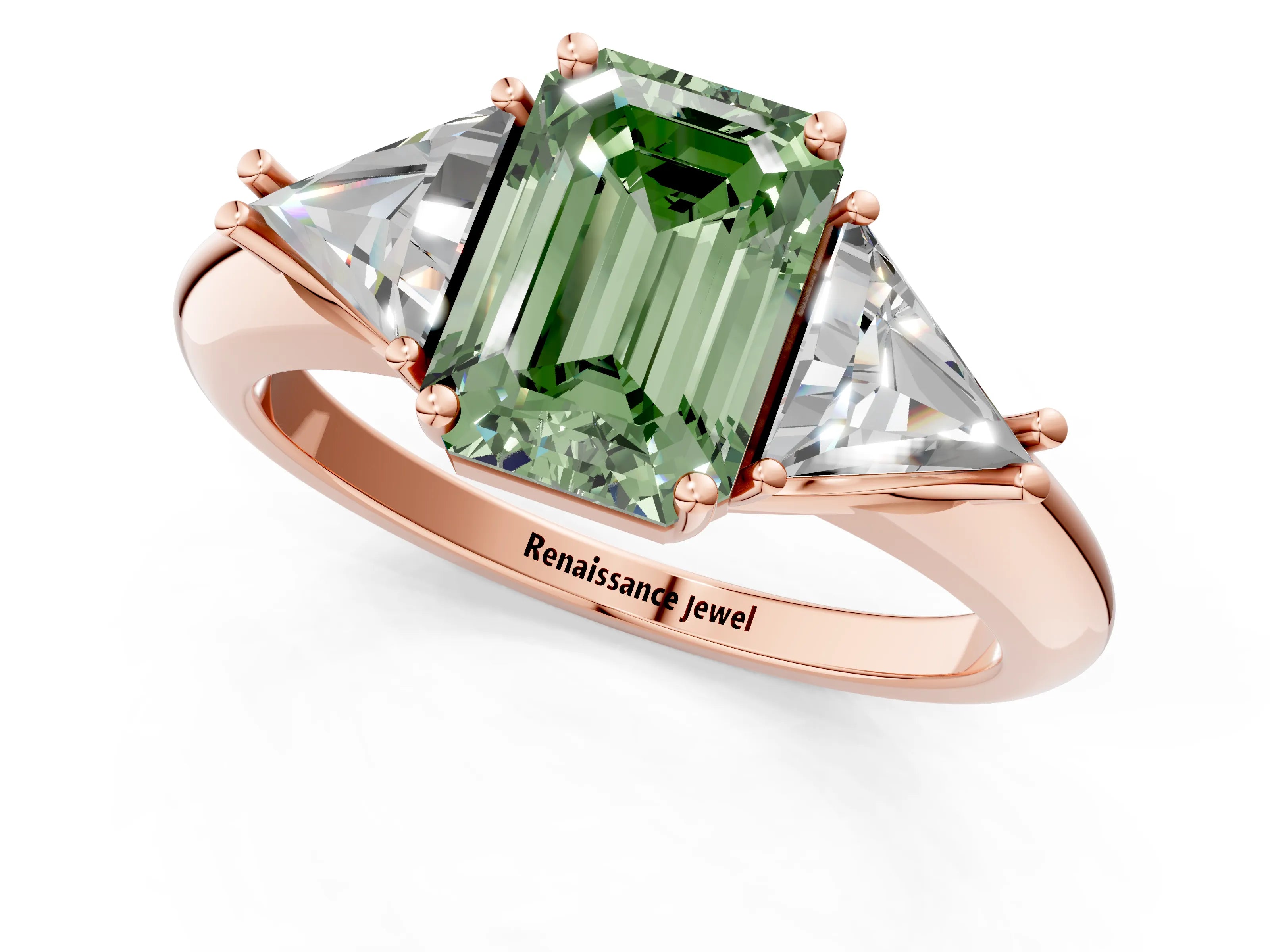 Rose gold Three-Stone Fancy Green Emerald Cut Cut Diamond Ring with Trillion Side Stones and Four-Prong Setting_4