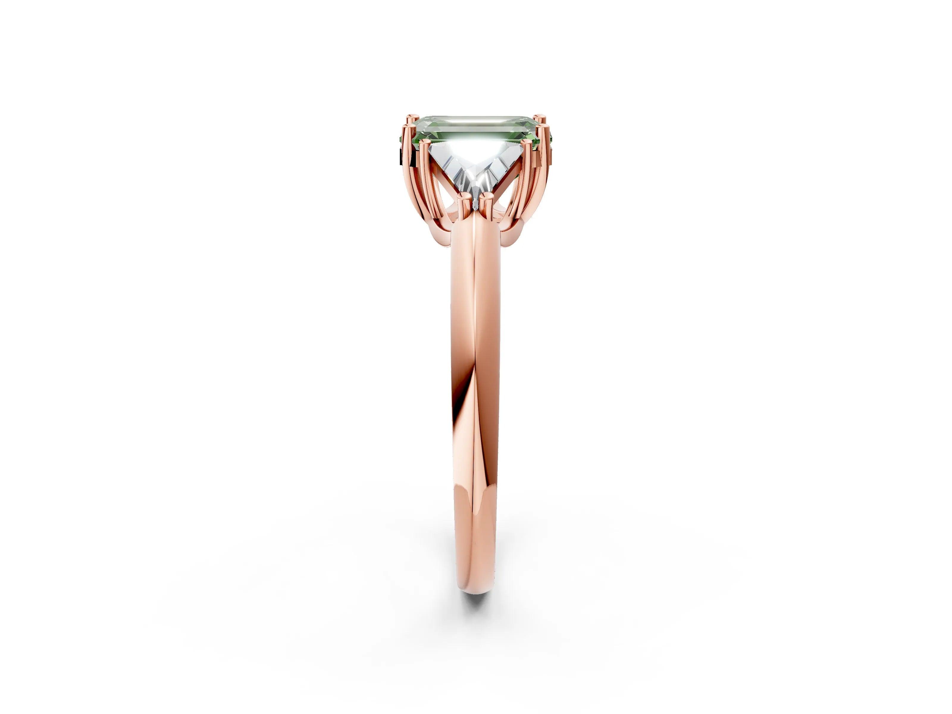 Rose gold Three-Stone Fancy Green Emerald Cut Cut Diamond Ring with Trillion Side Stones and Four-Prong Setting_5