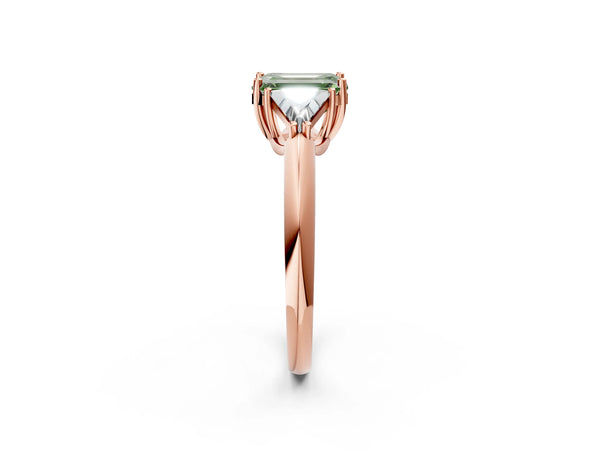 Rose gold Three-Stone Fancy Green Emerald Cut Cut Diamond Ring with Trillion Side Stones and Four-Prong Setting