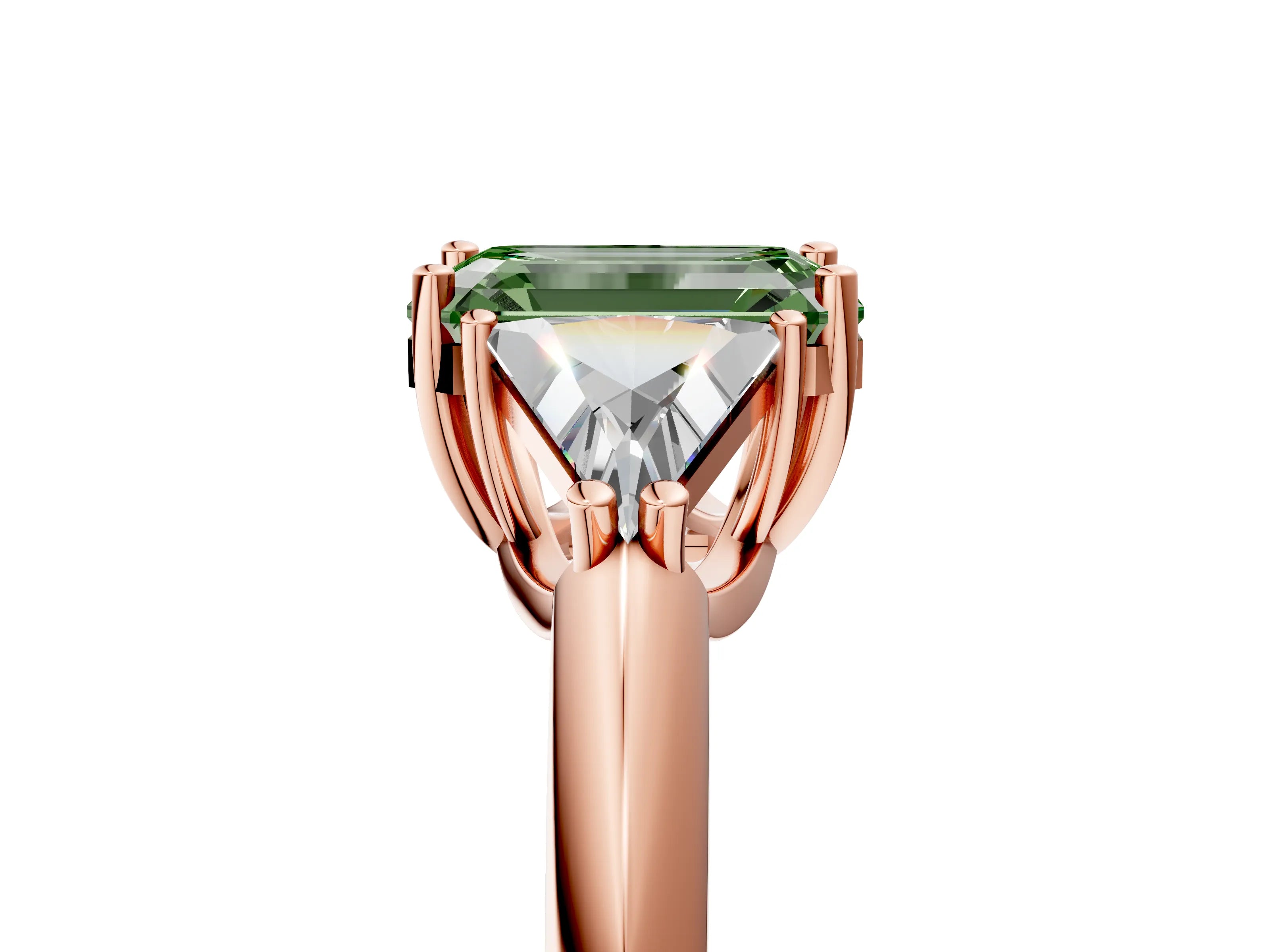 Rose gold Three-Stone Fancy Green Emerald Cut Cut Diamond Ring with Trillion Side Stones and Four-Prong Setting_8