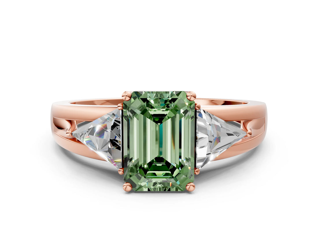 Rose gold Three-Stone Fancy Green Emerald Cut Cut Diamond Ring with Trillion Side Stones on a Split Shank Band