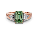 Rose gold Three-Stone Fancy Green Emerald Cut Cut Diamond Ring with Trillion Side Stones on a Split Shank Band
