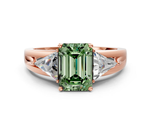 Rose Gold Emerald Cut Split Shank Three Stone Engagement Ring Setting for Fancy Green Center