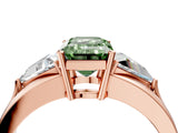 Rose gold Three-Stone Fancy Green Emerald Cut Cut Diamond Ring with Trillion Side Stones on a Split Shank Band_4