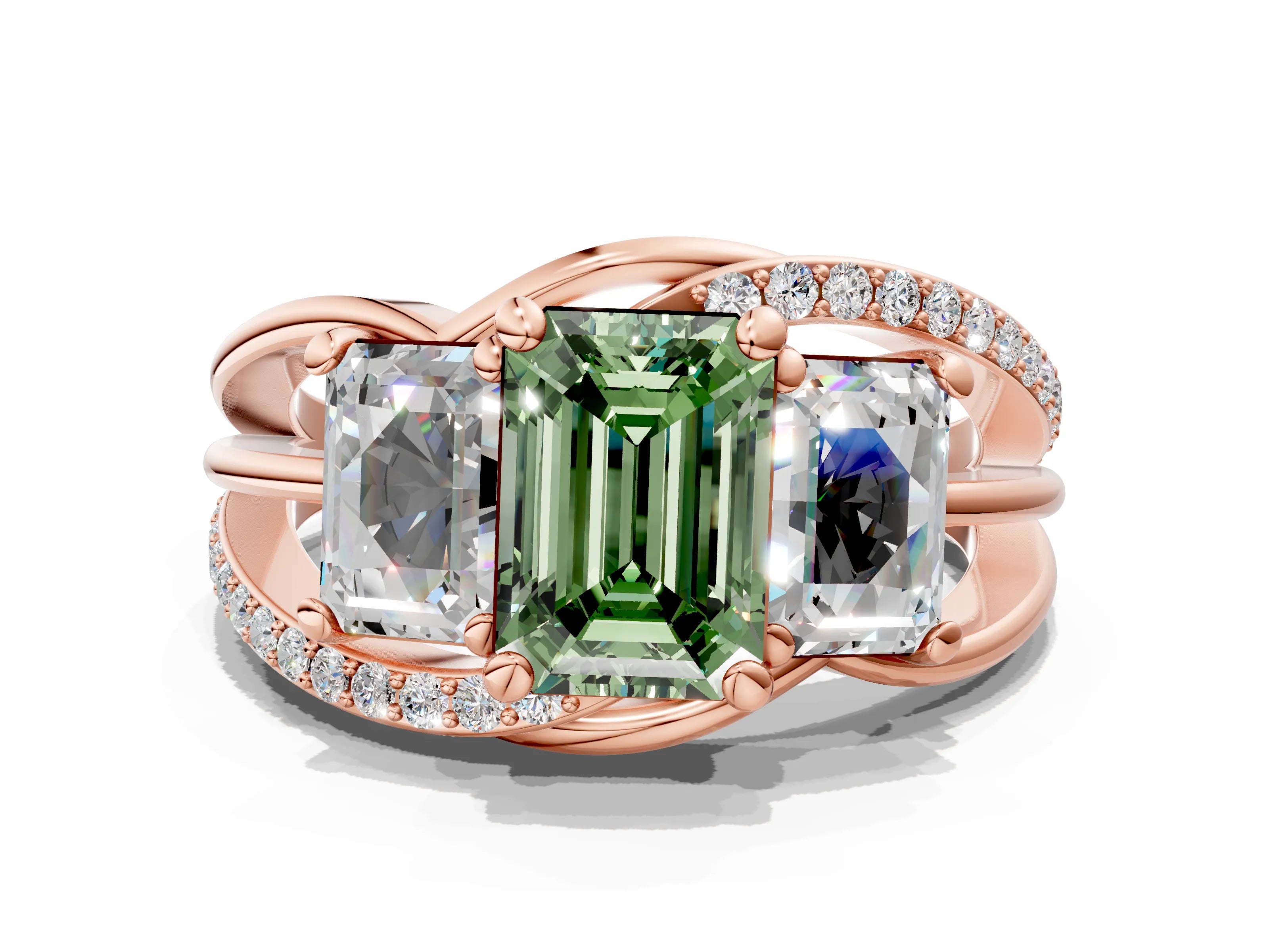 Rose gold Three-Stone Fancy Green Emerald Cut Cut Diamond Split Shank Prong Set Ring