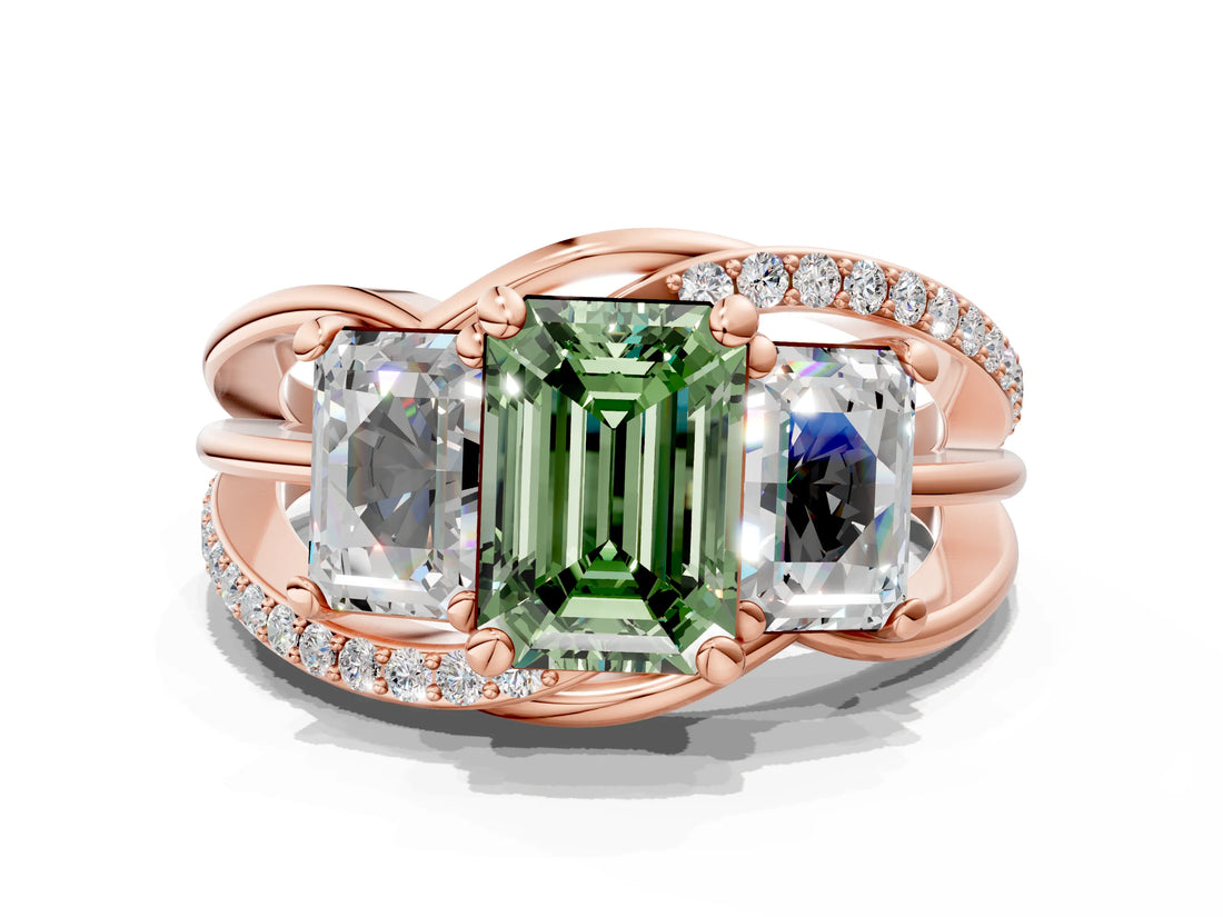 Rose gold Three-Stone Fancy Green Emerald Cut Cut Diamond Split Shank Prong Set Ring