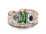 Rose gold Three-Stone Fancy Green Emerald Cut Cut Diamond Split Shank Prong Set Ring