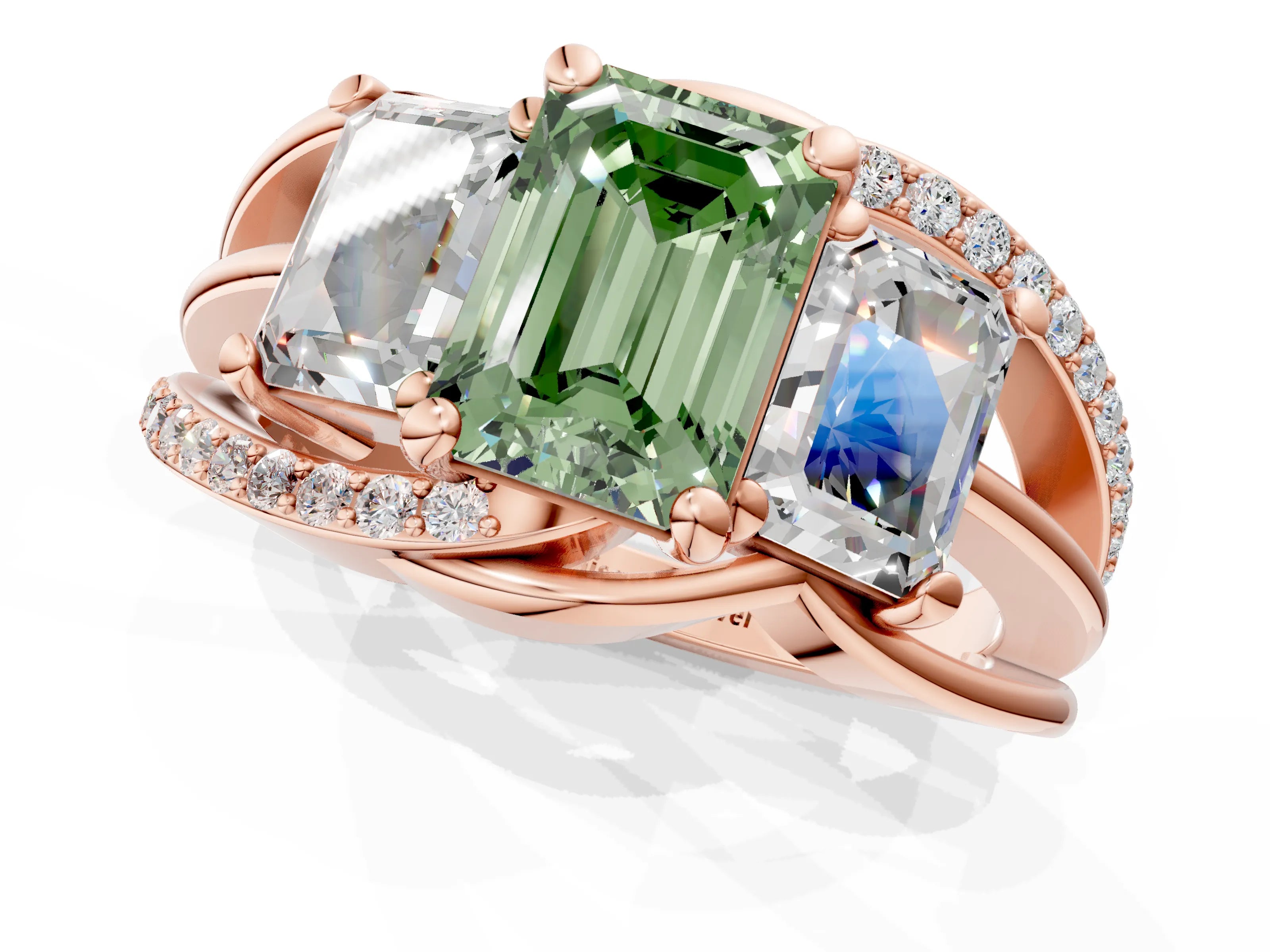 Rose gold Three-Stone Fancy Green Emerald Cut Cut Diamond Split Shank Prong Set Ring_1