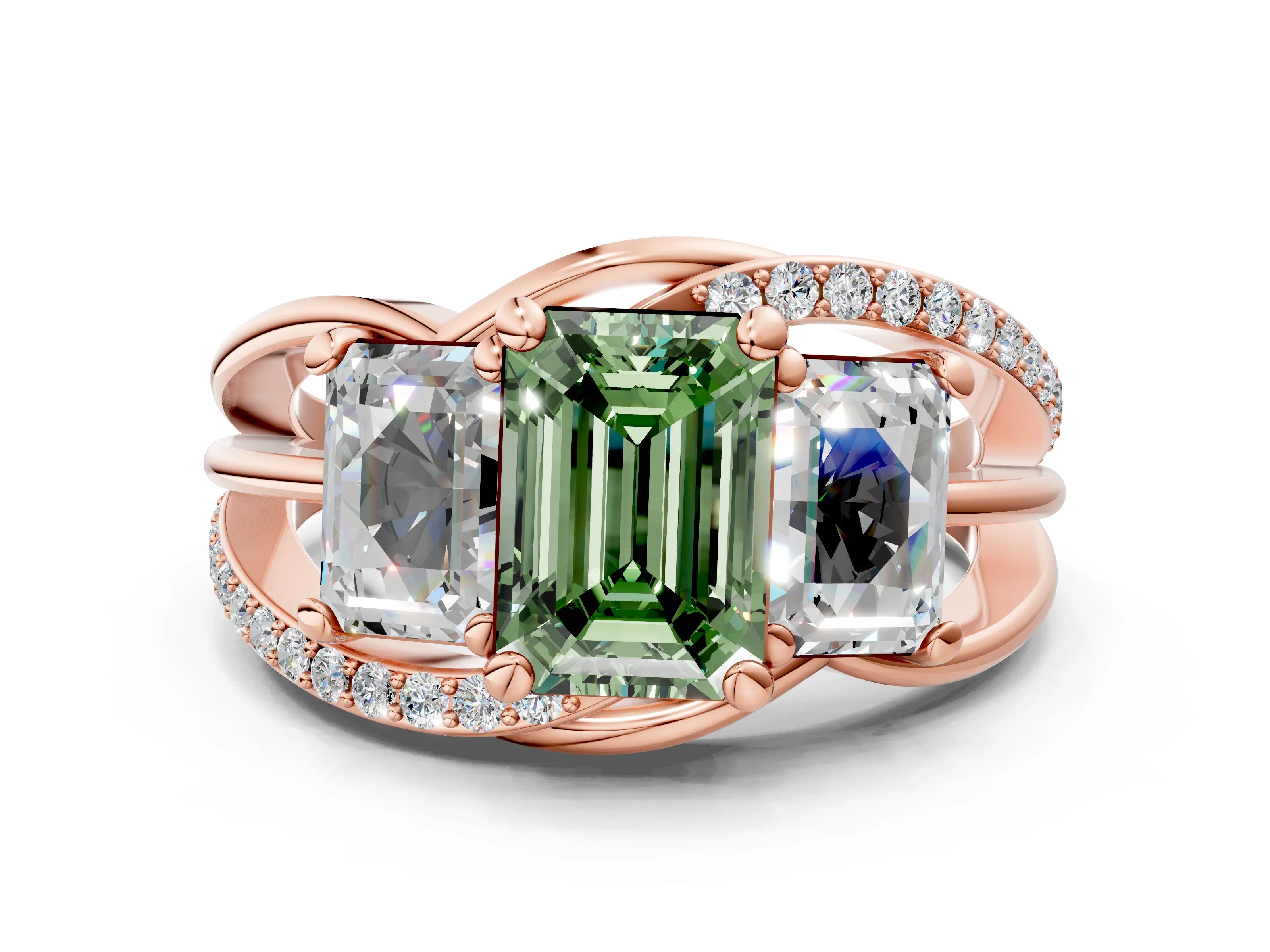 Rose gold Three-Stone Fancy Green Emerald Cut Cut Diamond Split Shank Prong Set Ring_12