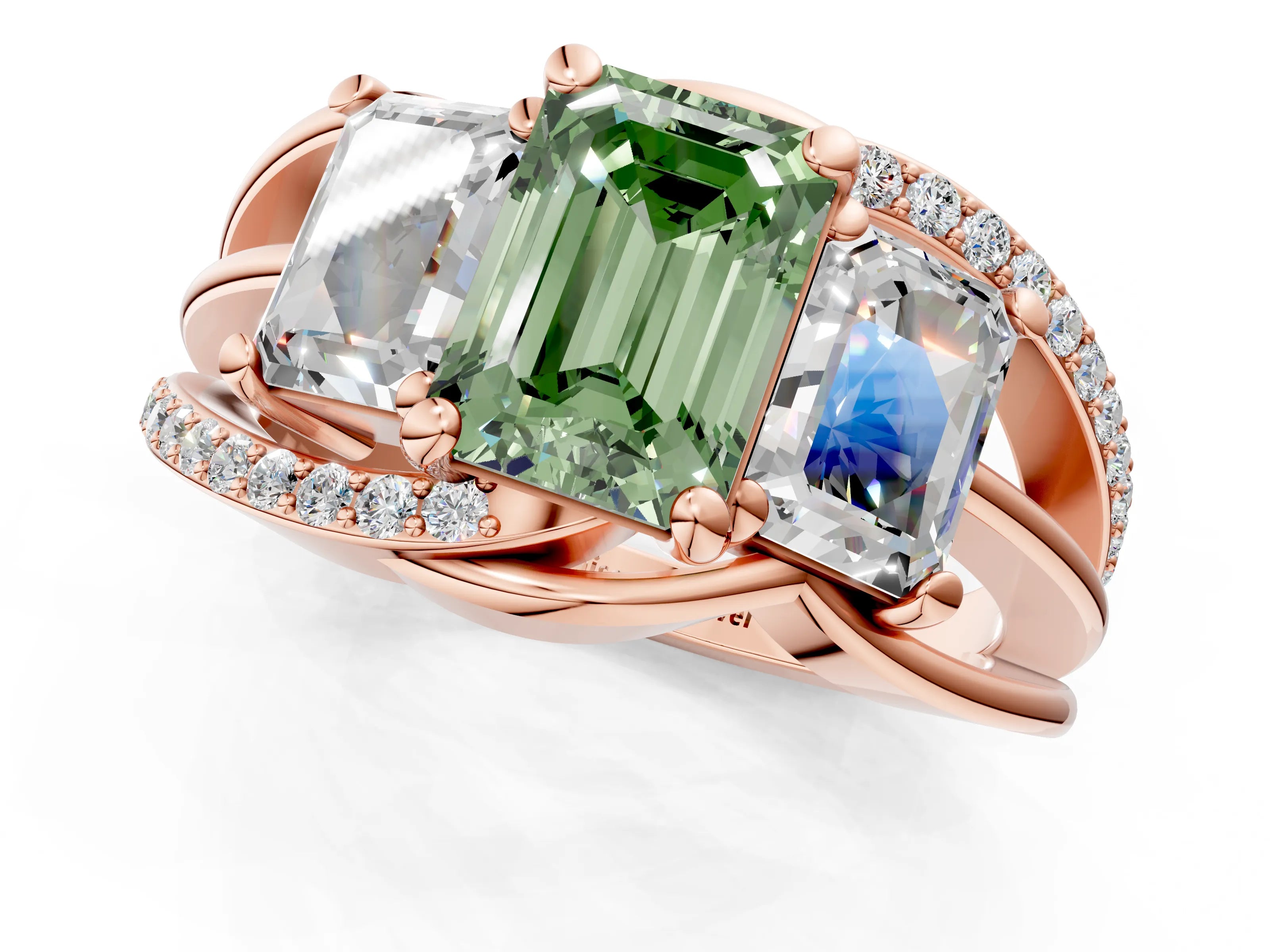 Rose gold Three-Stone Fancy Green Emerald Cut Cut Diamond Split Shank Prong Set Ring_13