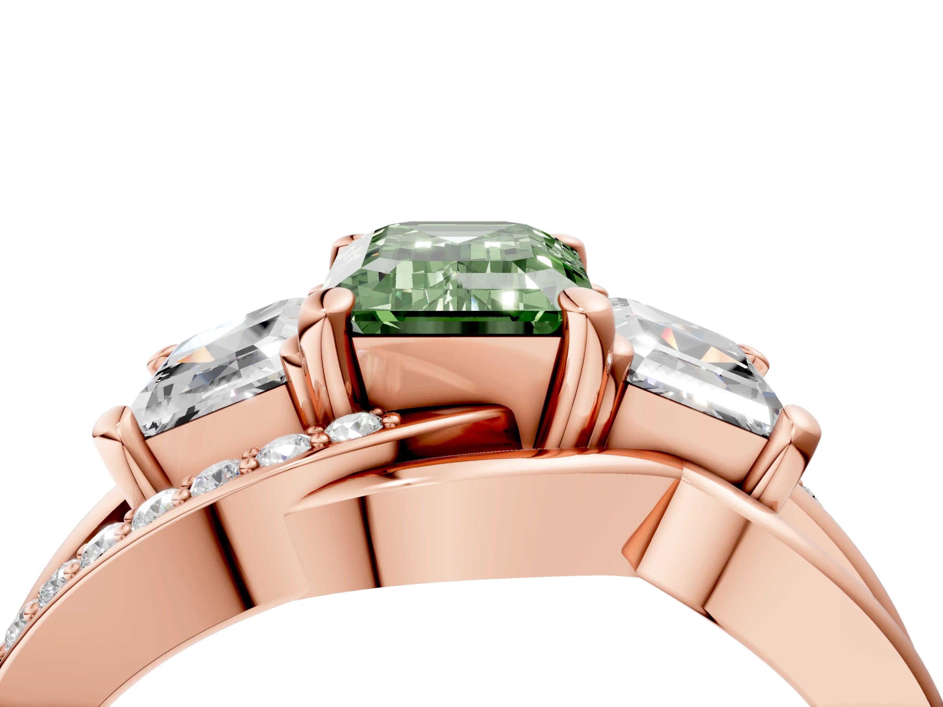 Rose gold Three-Stone Fancy Green Emerald Cut Cut Diamond Split Shank Prong Set Ring_16