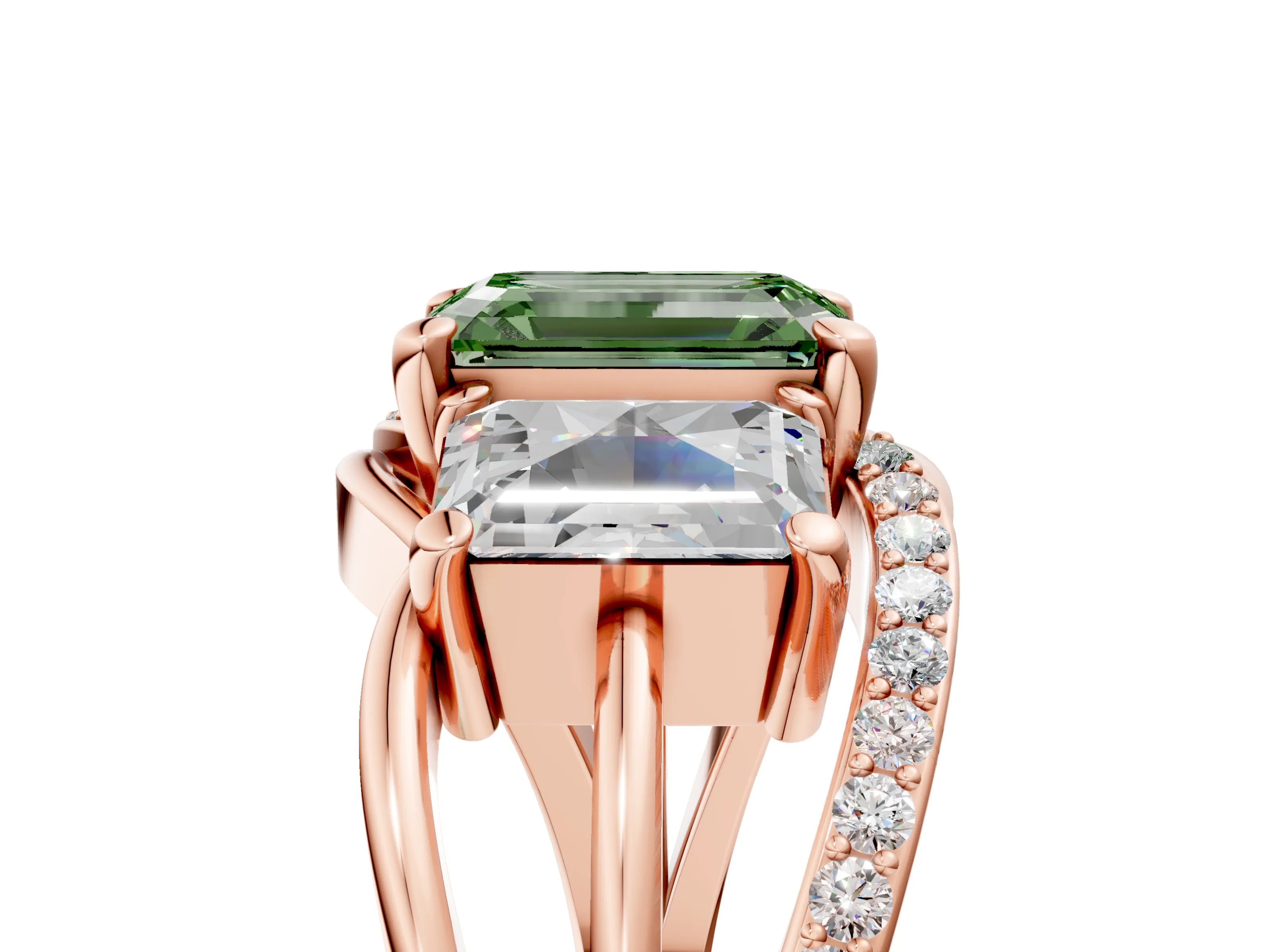 Rose gold Three-Stone Fancy Green Emerald Cut Cut Diamond Split Shank Prong Set Ring_17