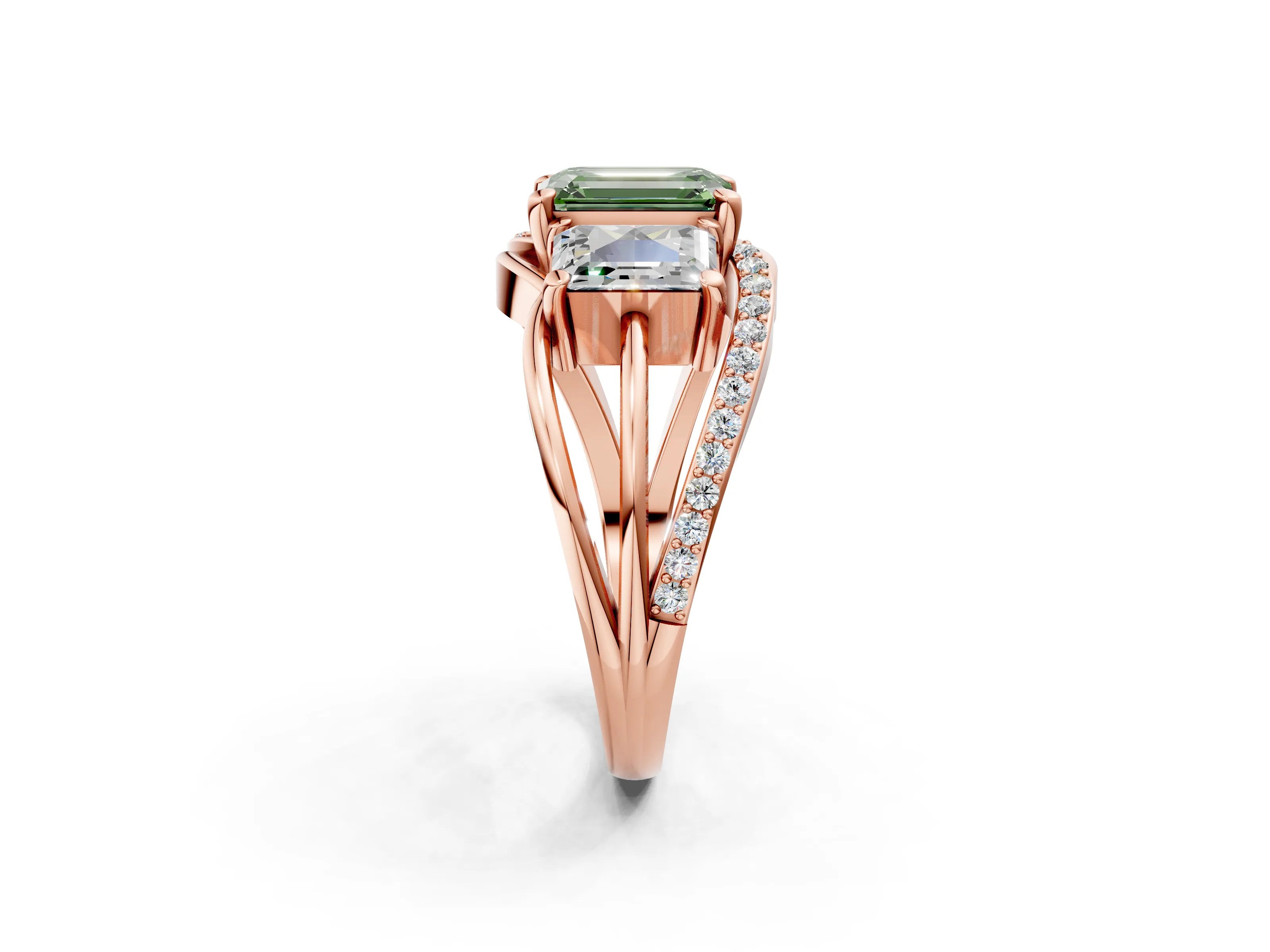 Rose gold Three-Stone Fancy Green Emerald Cut Cut Diamond Split Shank Prong Set Ring_2