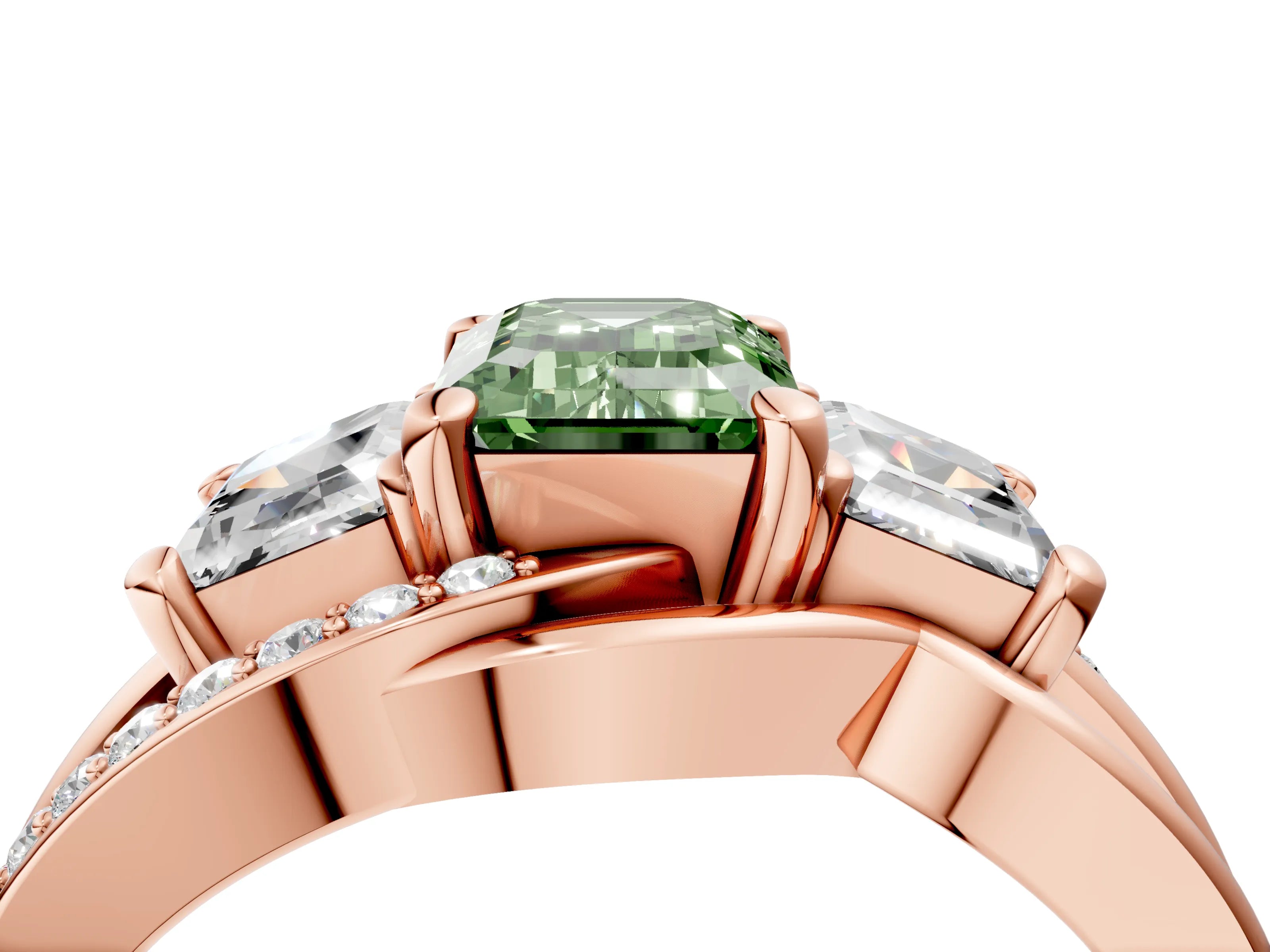 Rose gold Three-Stone Fancy Green Emerald Cut Cut Diamond Split Shank Prong Set Ring_4