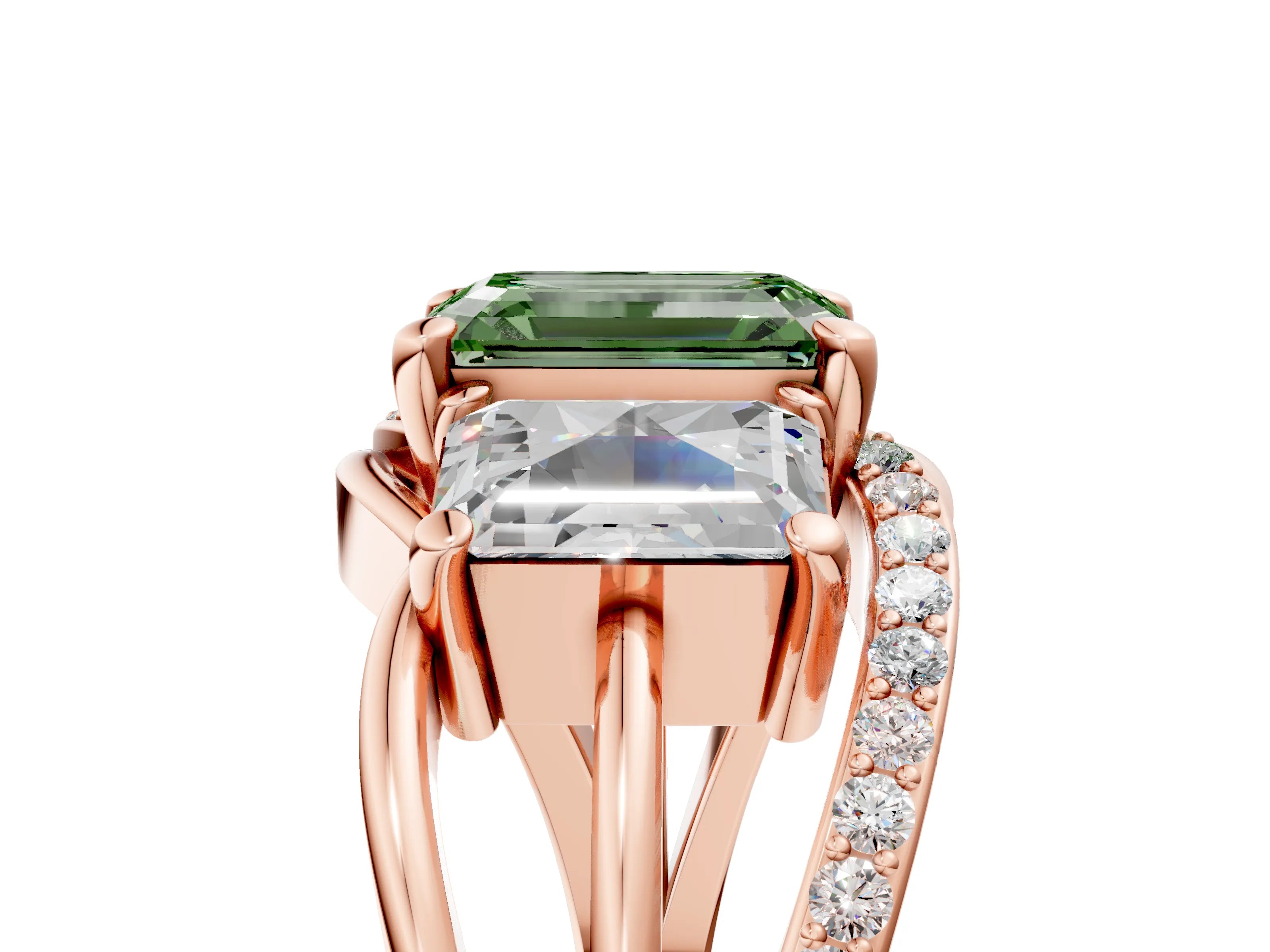 Rose gold Three-Stone Fancy Green Emerald Cut Cut Diamond Split Shank Prong Set Ring_5
