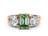 Rose gold Three-Stone Fancy Green Emerald Cut Cut Milgrain Band Prong Setting Ring