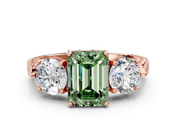 Rose Gold Emerald Cut Vintage Three Stone Engagement Ring Setting for Fancy Green Center