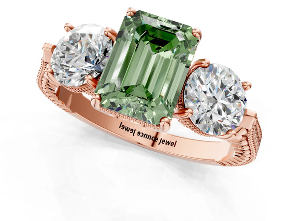 Rose Gold Emerald Cut Vintage Three Stone Engagement Ring Setting for Fancy Green Center
