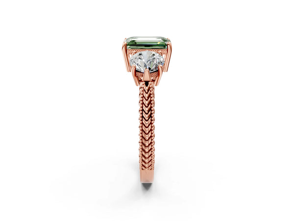 Rose Gold Emerald Cut Vintage Three Stone Engagement Ring Setting for Fancy Green Center