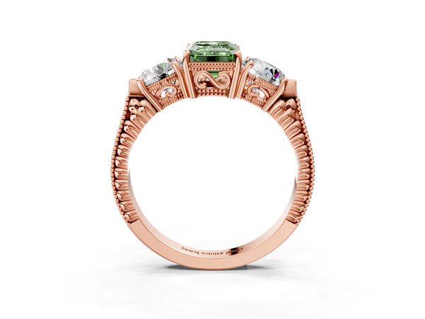 Rose Gold Emerald Cut Vintage Three Stone Engagement Ring Setting for Fancy Green Center