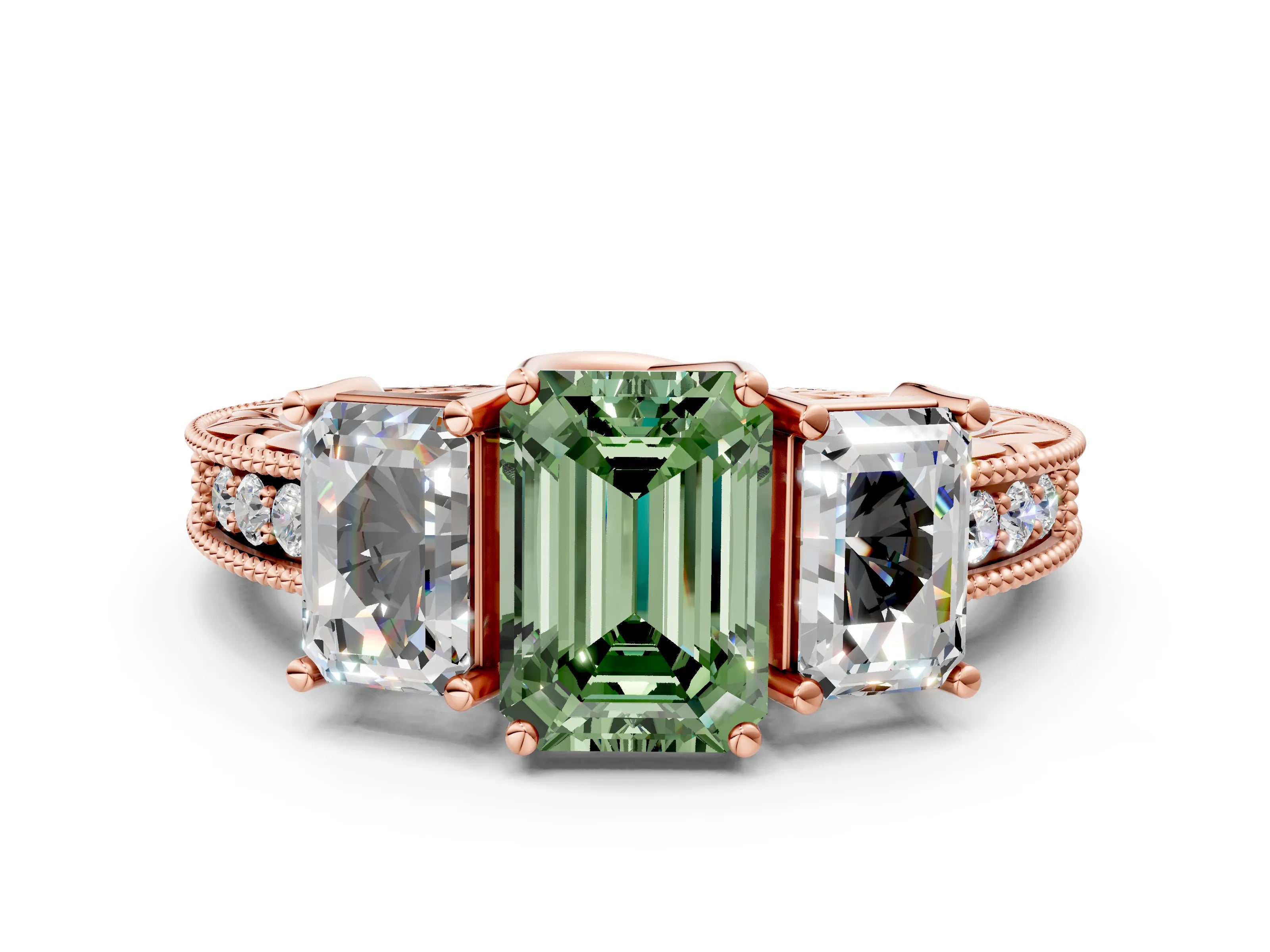 Rose gold Three-Stone Fancy Green Emerald Cut Cut Milgrain Pavé Engagement Ring