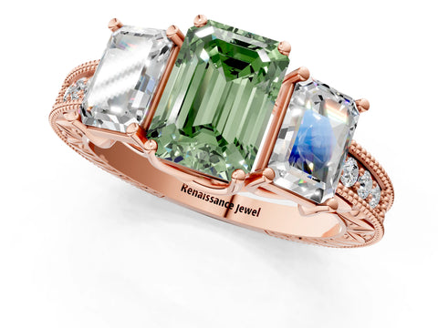 Rose gold Three-Stone Fancy Green Emerald Cut Cut Milgrain Pavé Engagement Ring_1