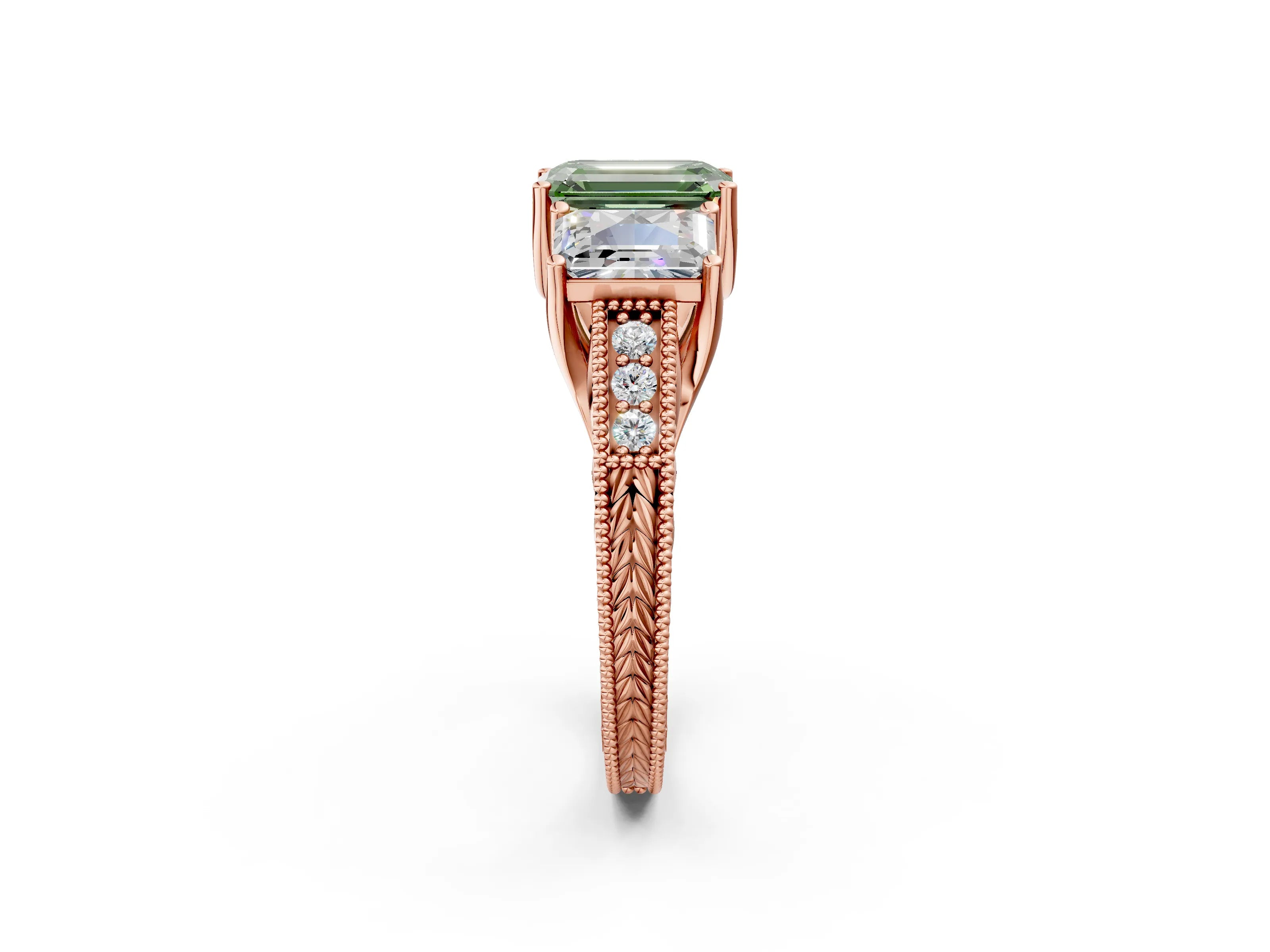 Rose gold Three-Stone Fancy Green Emerald Cut Cut Milgrain Pavé Engagement Ring_2
