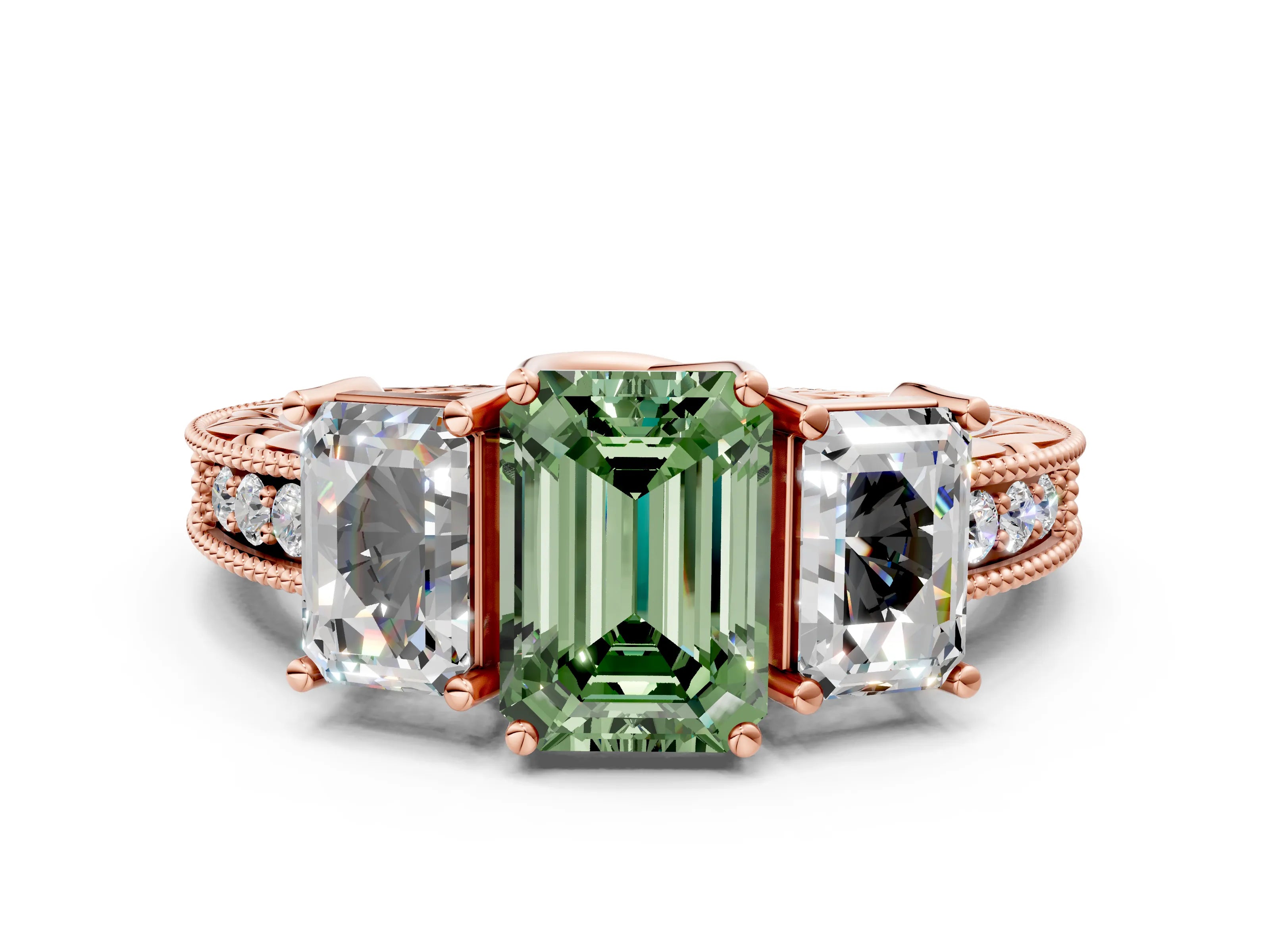 Rose gold Three-Stone Fancy Green Emerald Cut Cut Milgrain Pavé Engagement Ring_24