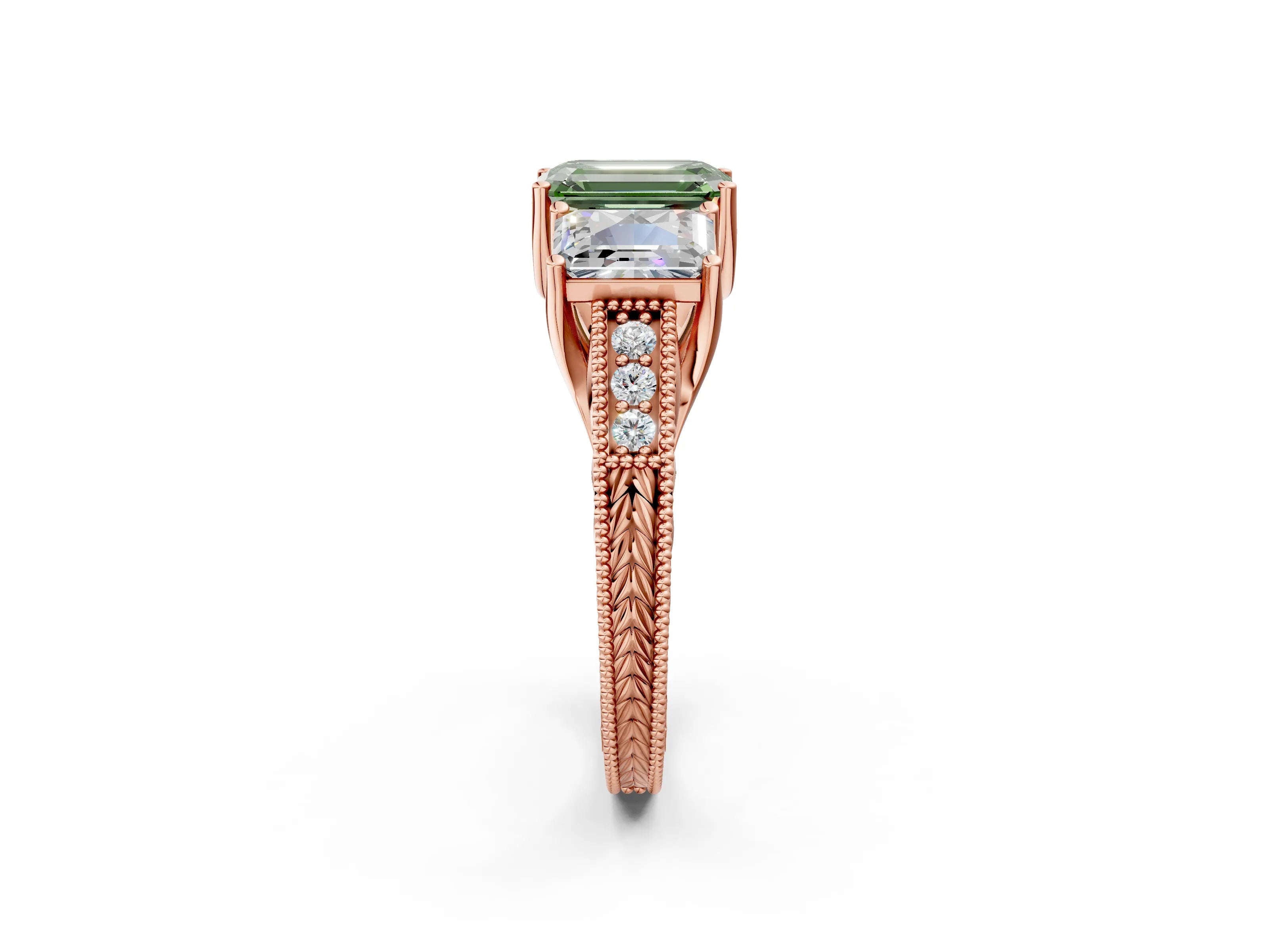 Rose gold Three-Stone Fancy Green Emerald Cut Cut Milgrain Pavé Engagement Ring_26
