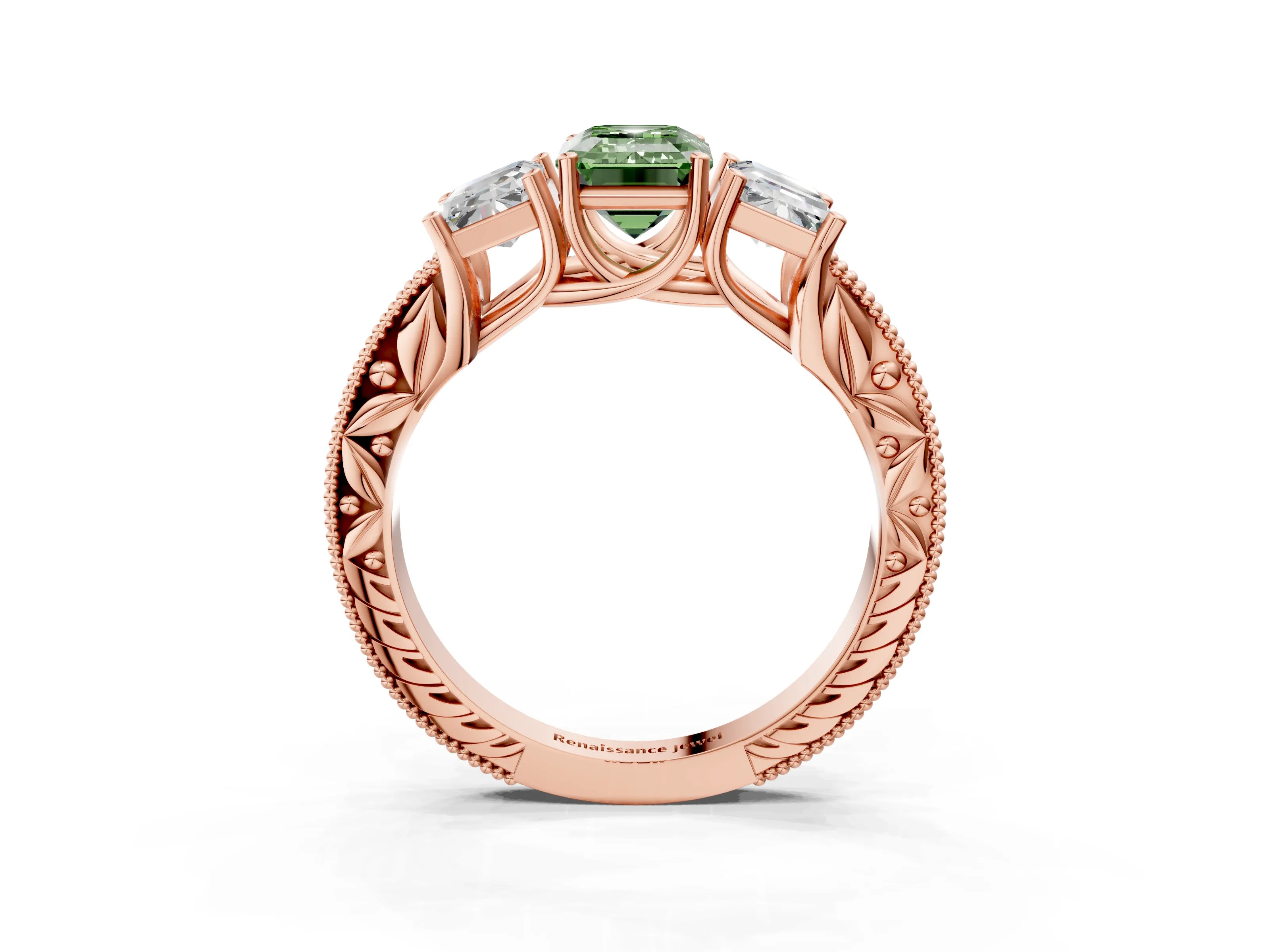 Rose gold Three-Stone Fancy Green Emerald Cut Cut Milgrain Pavé Engagement Ring_27