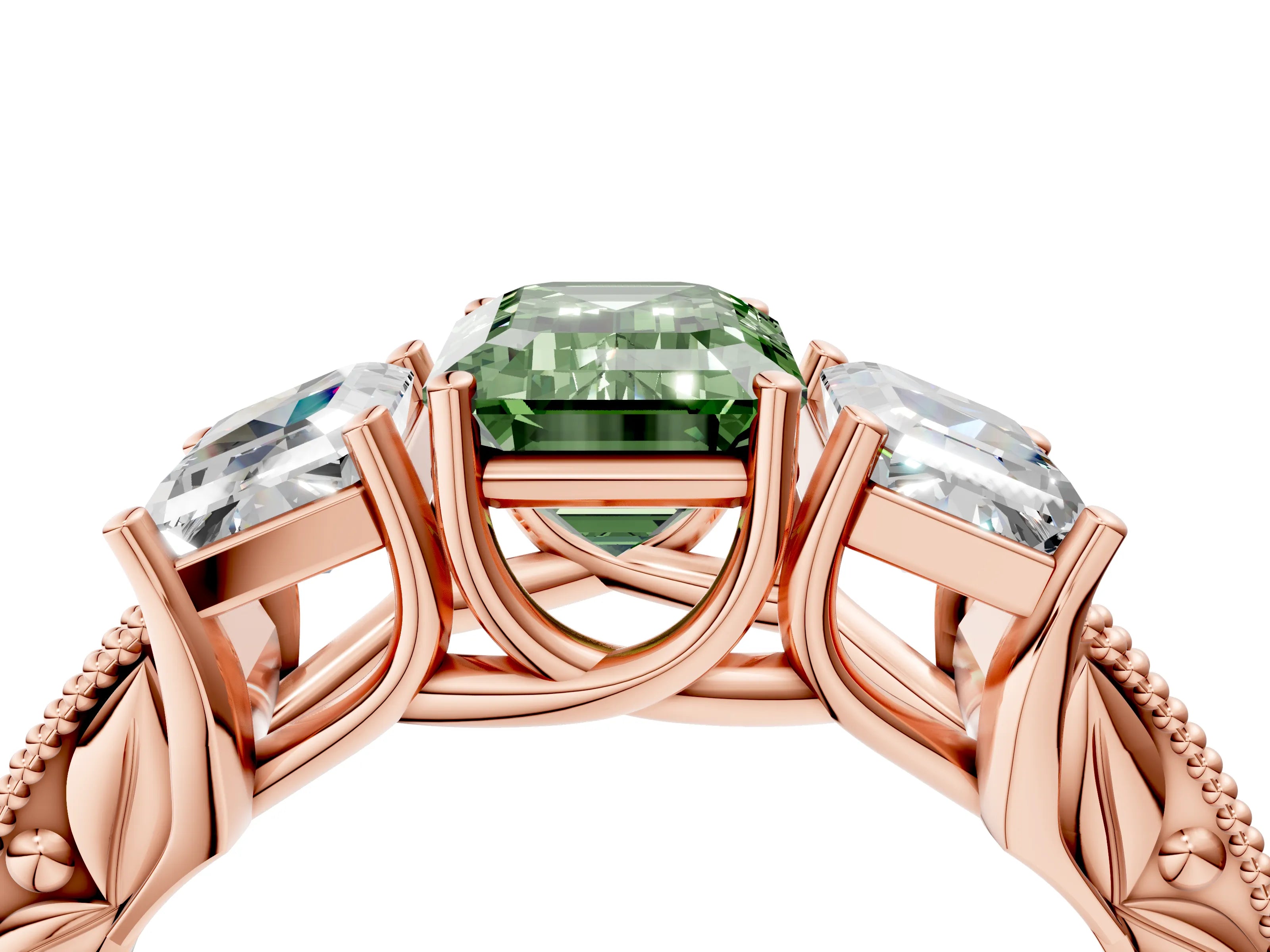 Rose gold Three-Stone Fancy Green Emerald Cut Cut Milgrain Pavé Engagement Ring_28