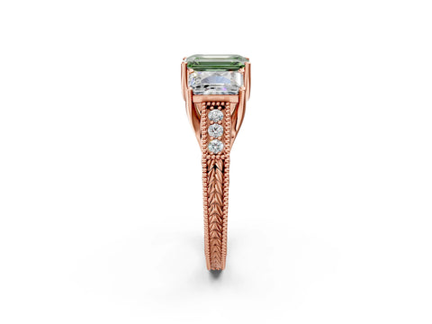 Rose gold Three-Stone Fancy Green Emerald Cut Cut Milgrain Pavé Engagement Ring_2