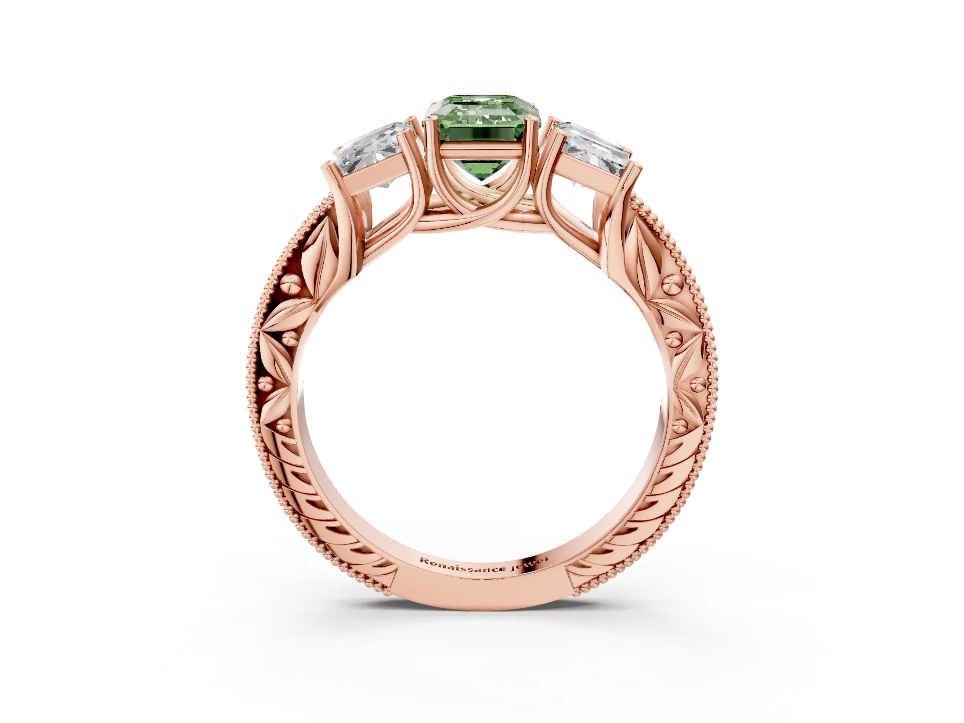 Rose gold Three-Stone Fancy Green Emerald Cut Cut Milgrain Pavé Engagement Ring_3